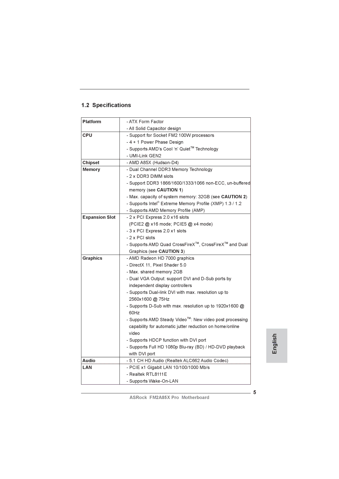 ASRock FM2A85X Pro manual Speciﬁcations 