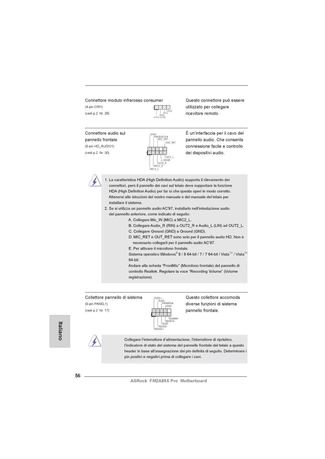 ASRock FM2A85X Pro manual Utilizzato per collegare, Ricevitore remoto, Connettore audio sul, Pannello frontale 