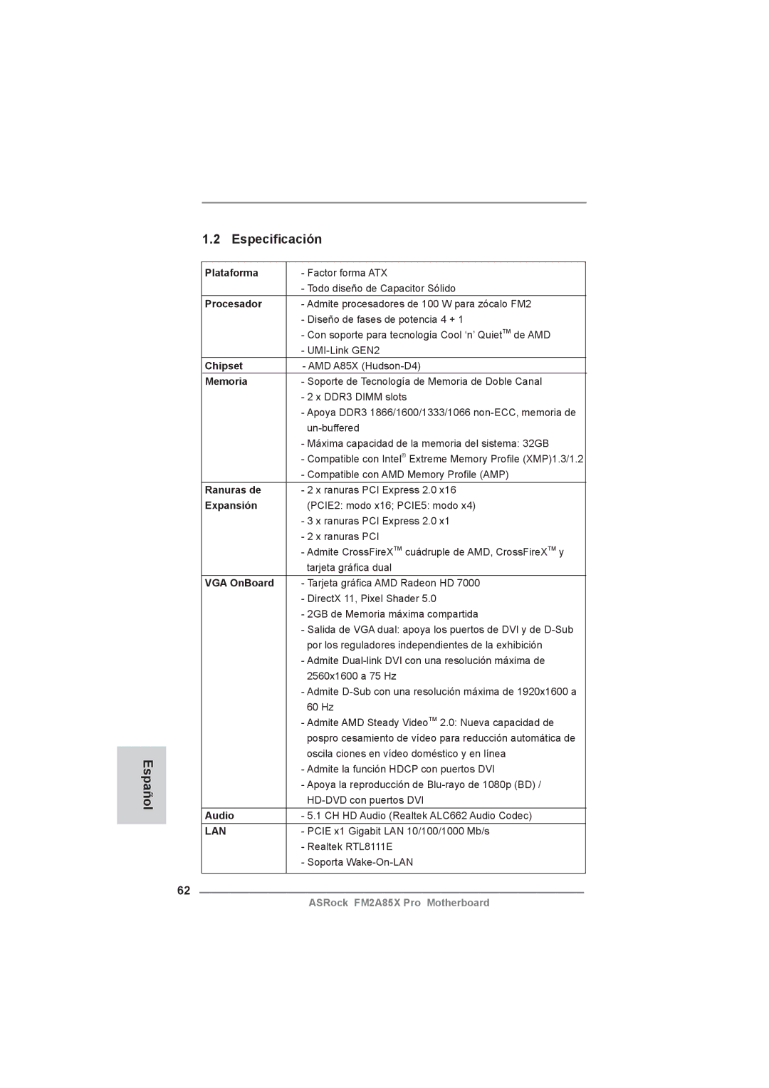 ASRock FM2A85X Pro manual Español Especiﬁcación 