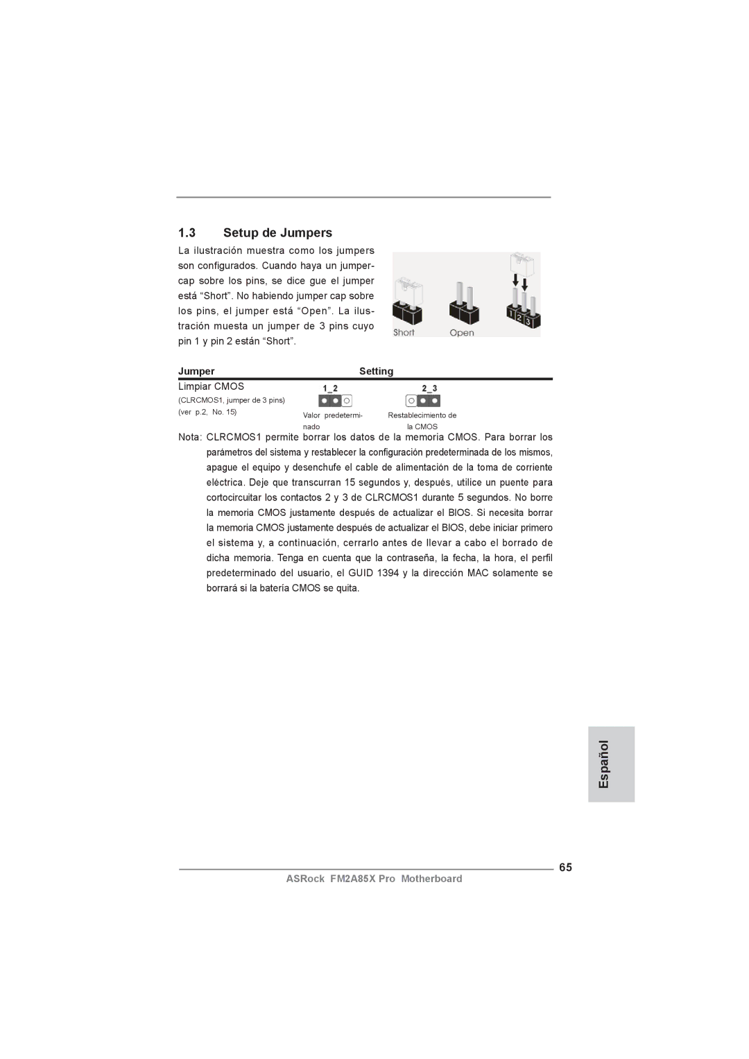 ASRock FM2A85X Pro manual Setup de Jumpers, Jumper Setting, Limpiar Cmos 