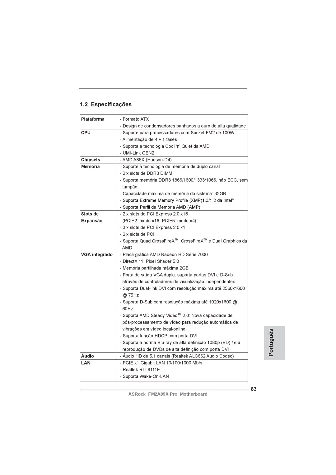 ASRock FM2A85X Pro manual Especiﬁcações 