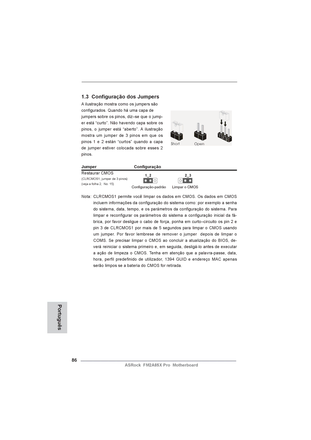 ASRock FM2A85X Pro manual Conﬁguração dos Jumpers, JumperConﬁguração, Restaurar Cmos 