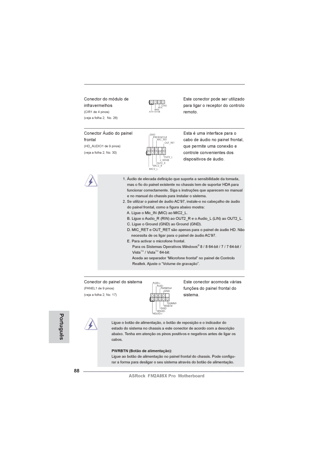 ASRock FM2A85X Pro manual Conector do módulo de, Infravermelhos, Remoto, Conector Áudio do painel, Frontal 