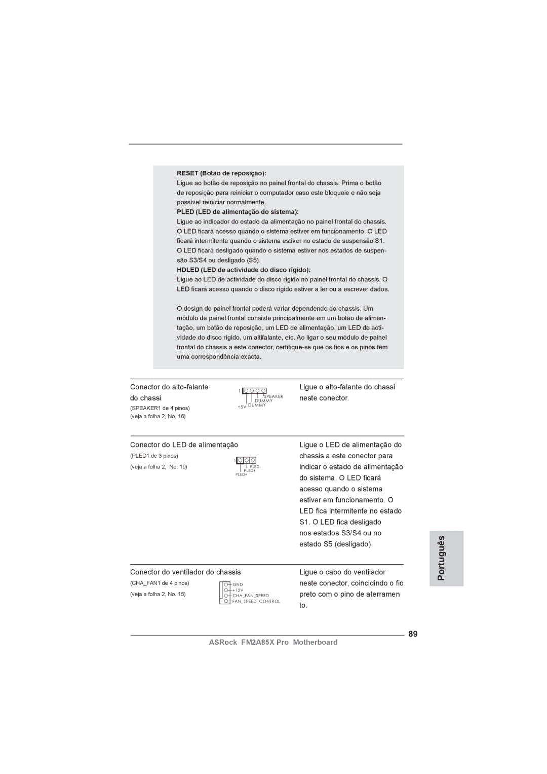 ASRock FM2A85X Pro manual Conector do alto-falante, Do chassi, Neste conector, Conector do LED de alimentação 