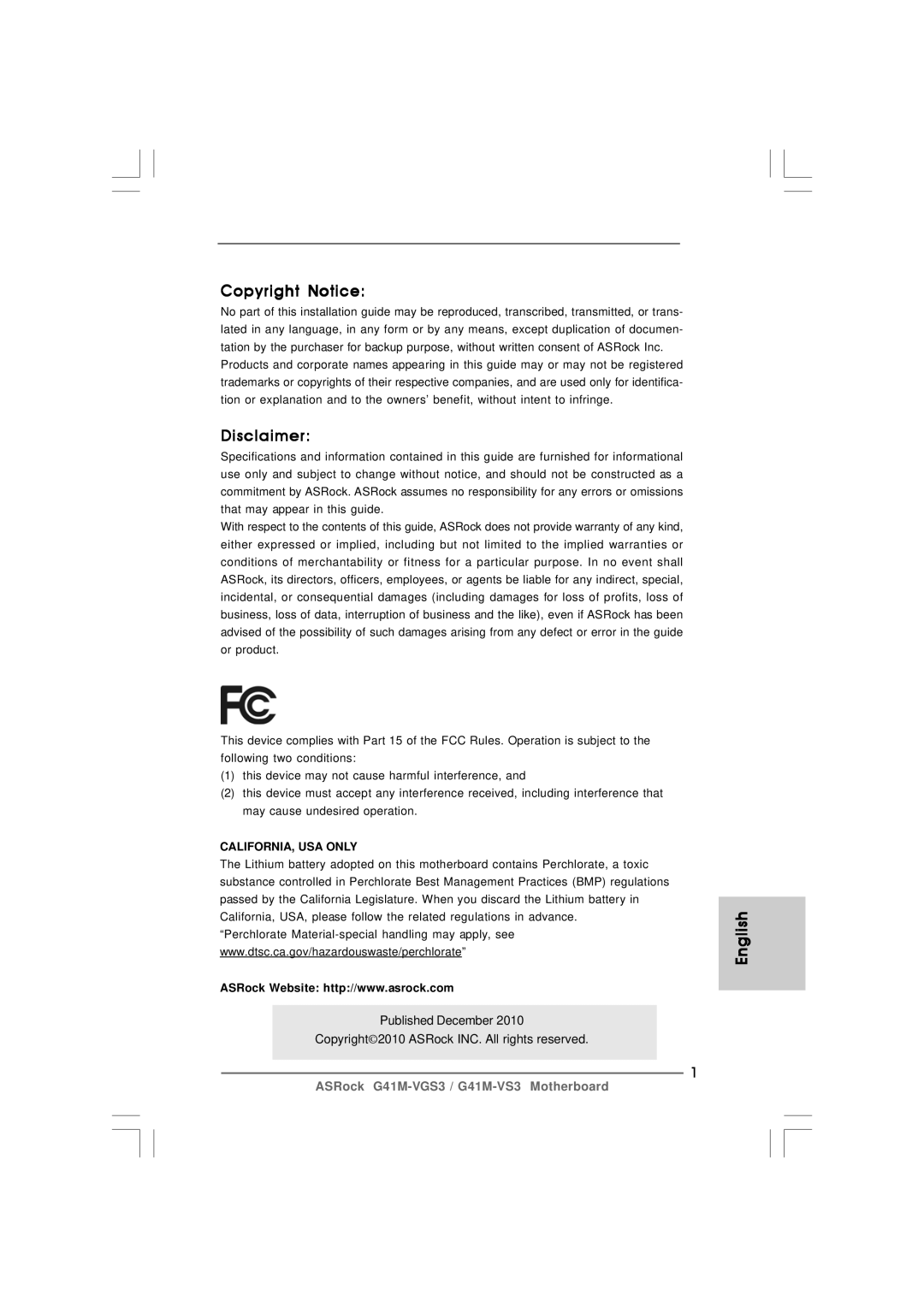 ASRock G41M-VS3 R2.0 manual Copyright Notice, Disclaimer, English 