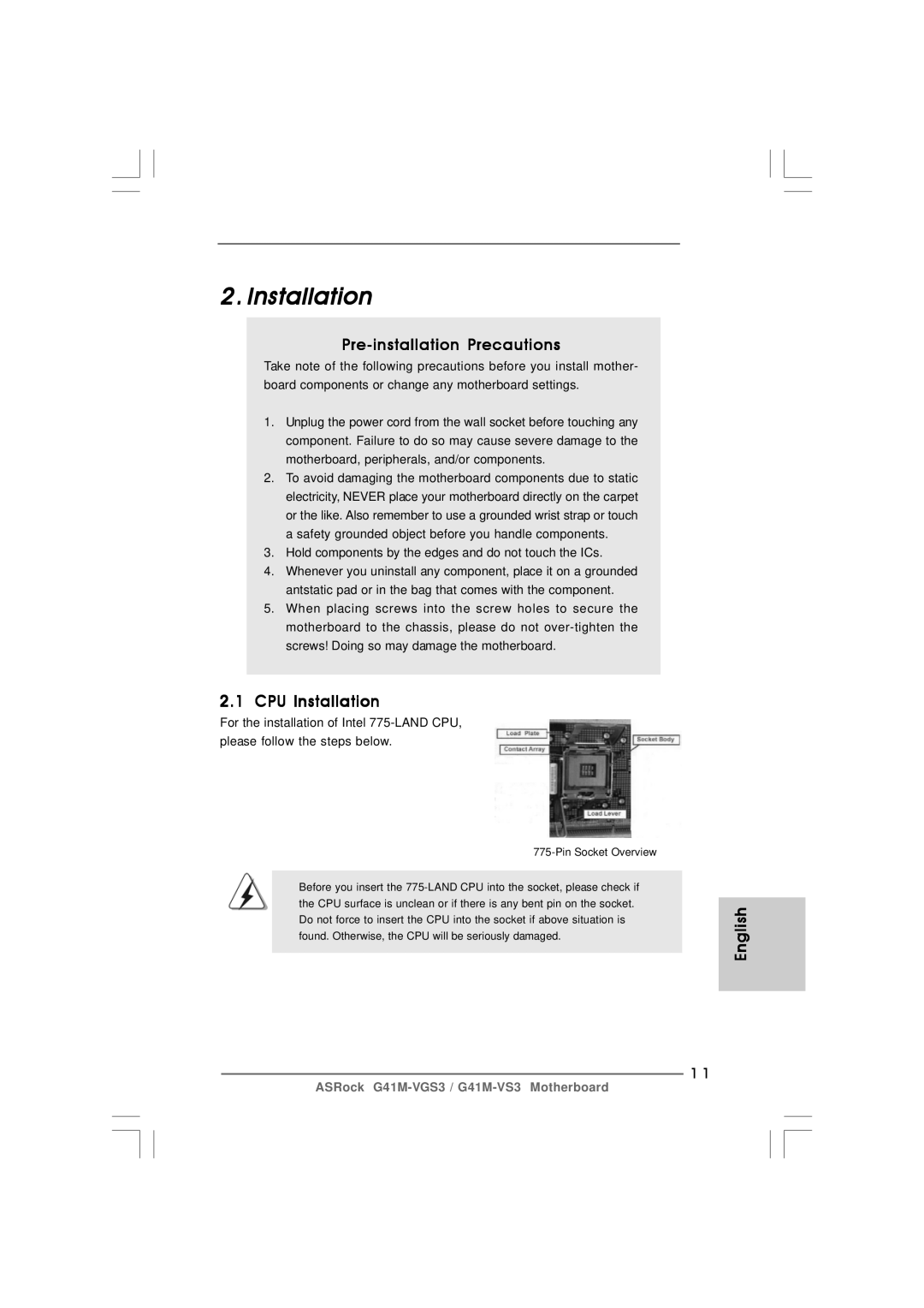 ASRock G41M-VS3 R2.0 manual Pre-installation Precautions, CPU Installation 