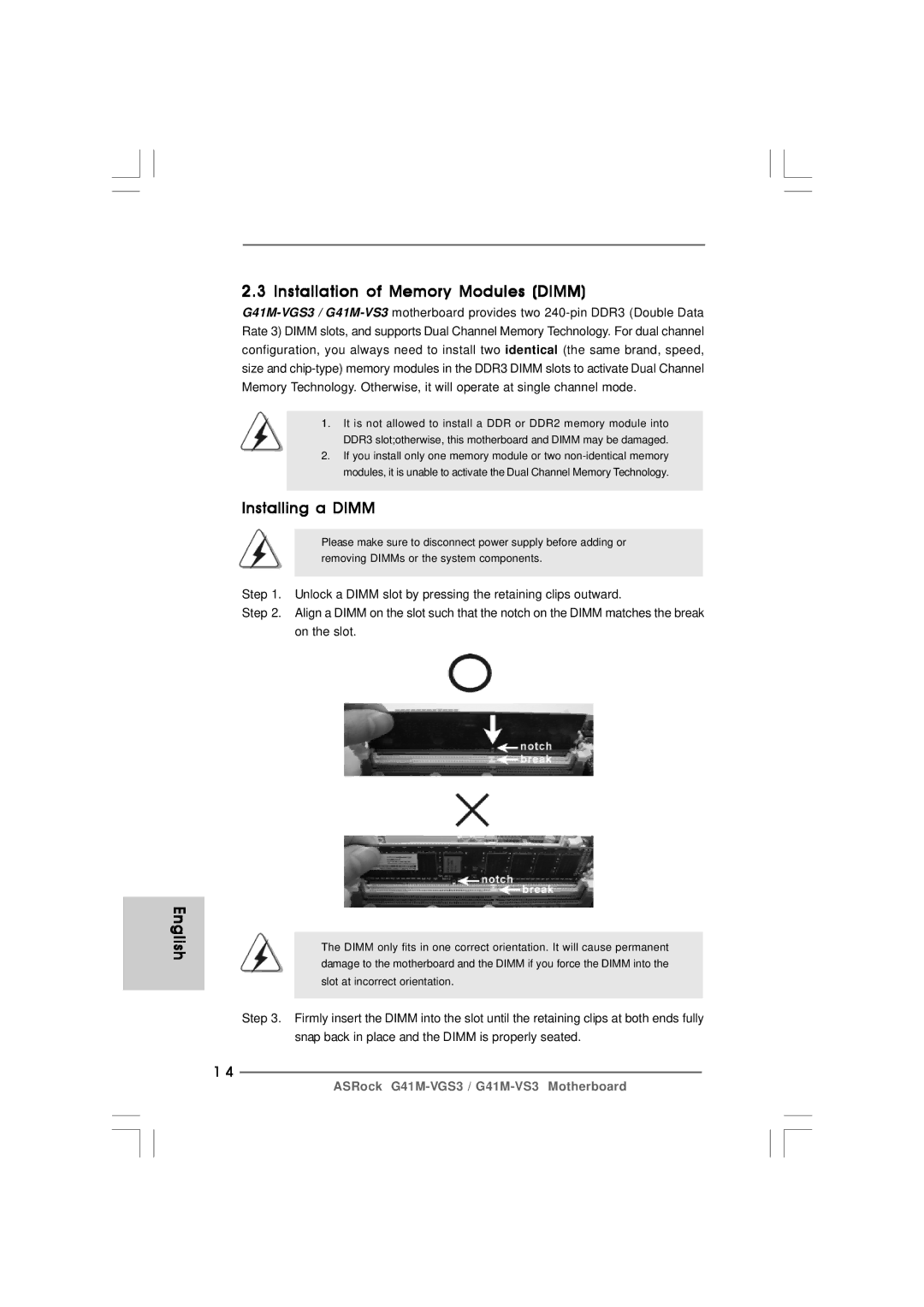 ASRock G41M-VS3 R2.0 manual English Installation of Memory Modules Dimm, Installing a Dimm 