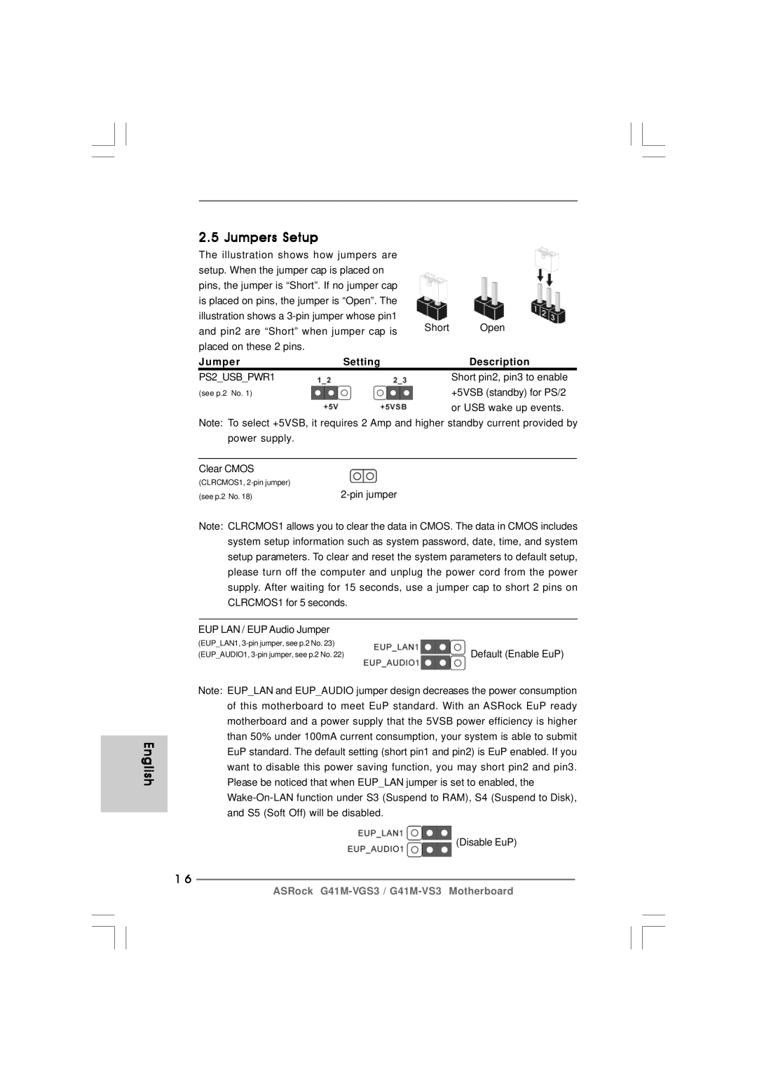 ASRock G41M-VS3 R2.0 manual English Jumpers Setup, Jumper Setting Description 