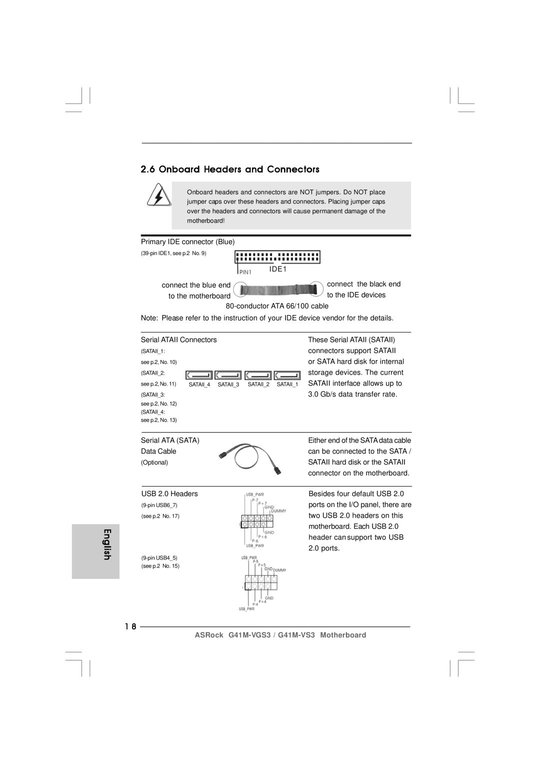 ASRock G41M-VS3 R2.0 manual English Onboard Headers and Connectors 