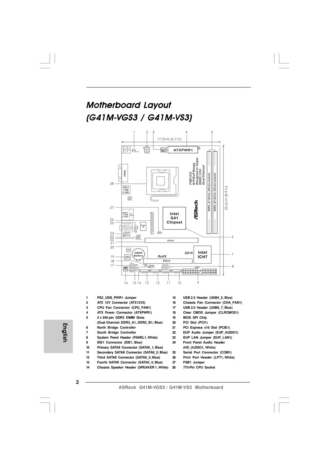 ASRock G41M-VS3 R2.0 manual Motherboard Layout G41M-VGS3 / G41M-VS3 