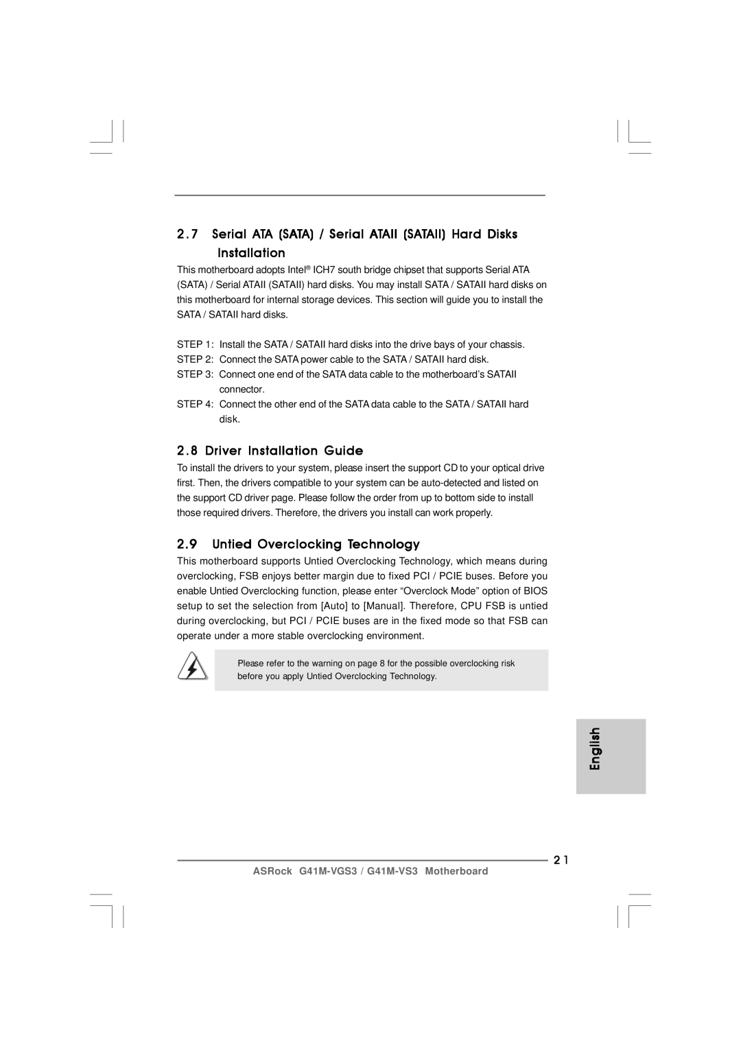 ASRock G41M-VS3 R2.0 manual Driver Installation Guide, Untied Overclocking Technology 