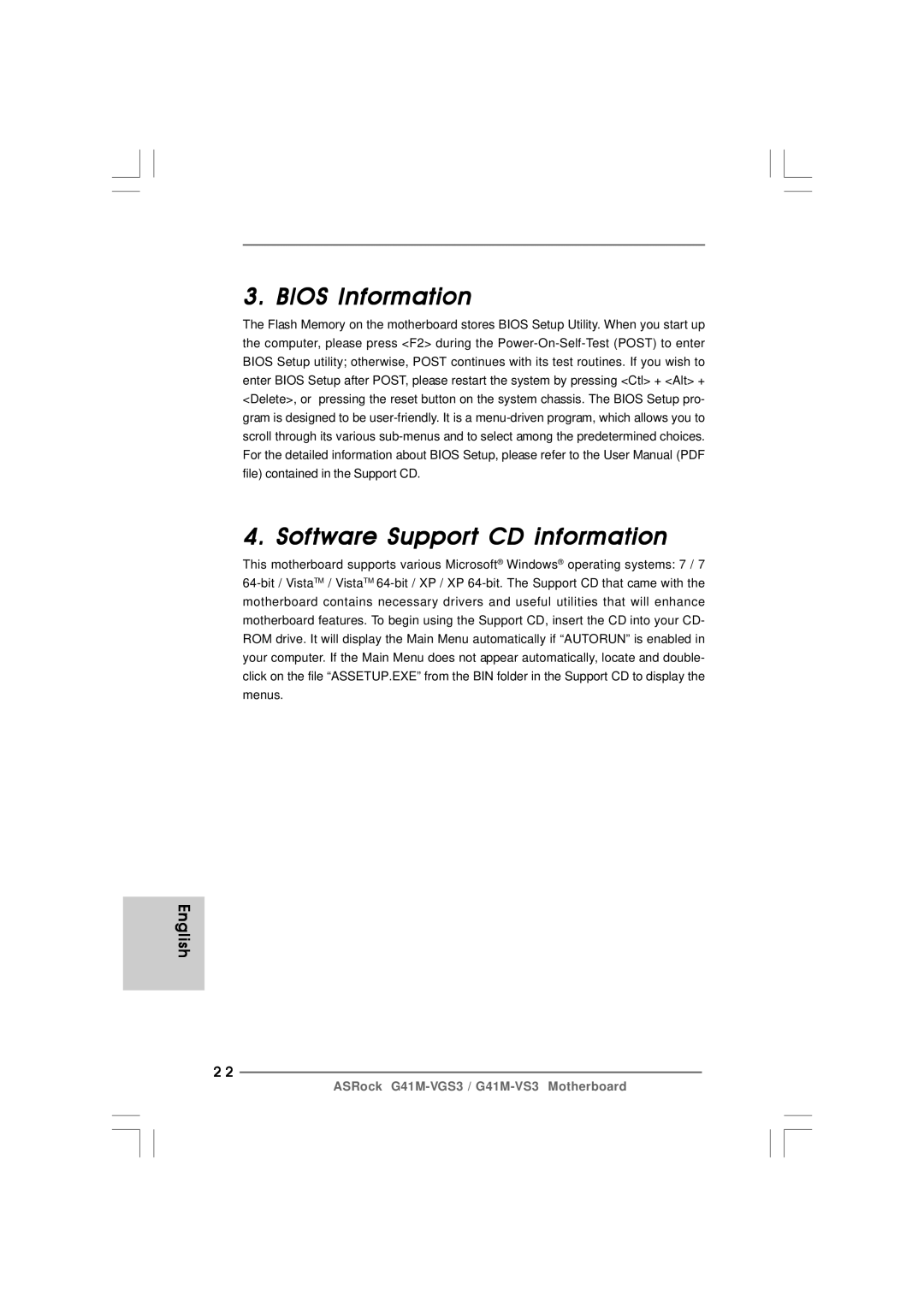 ASRock G41M-VS3 R2.0 manual Bios Information Software Support CD information 