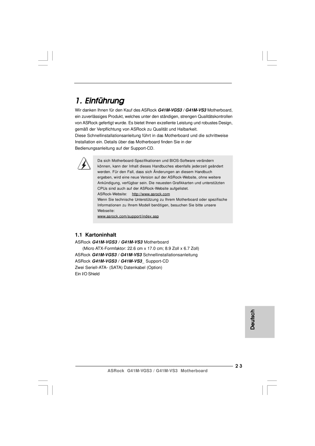 ASRock G41M-VS3 R2.0 manual Einführung, Kartoninhalt, Deutsch, Zwei Seriell-ATA- Sata Datenkabel Option Ein I/O Shield 