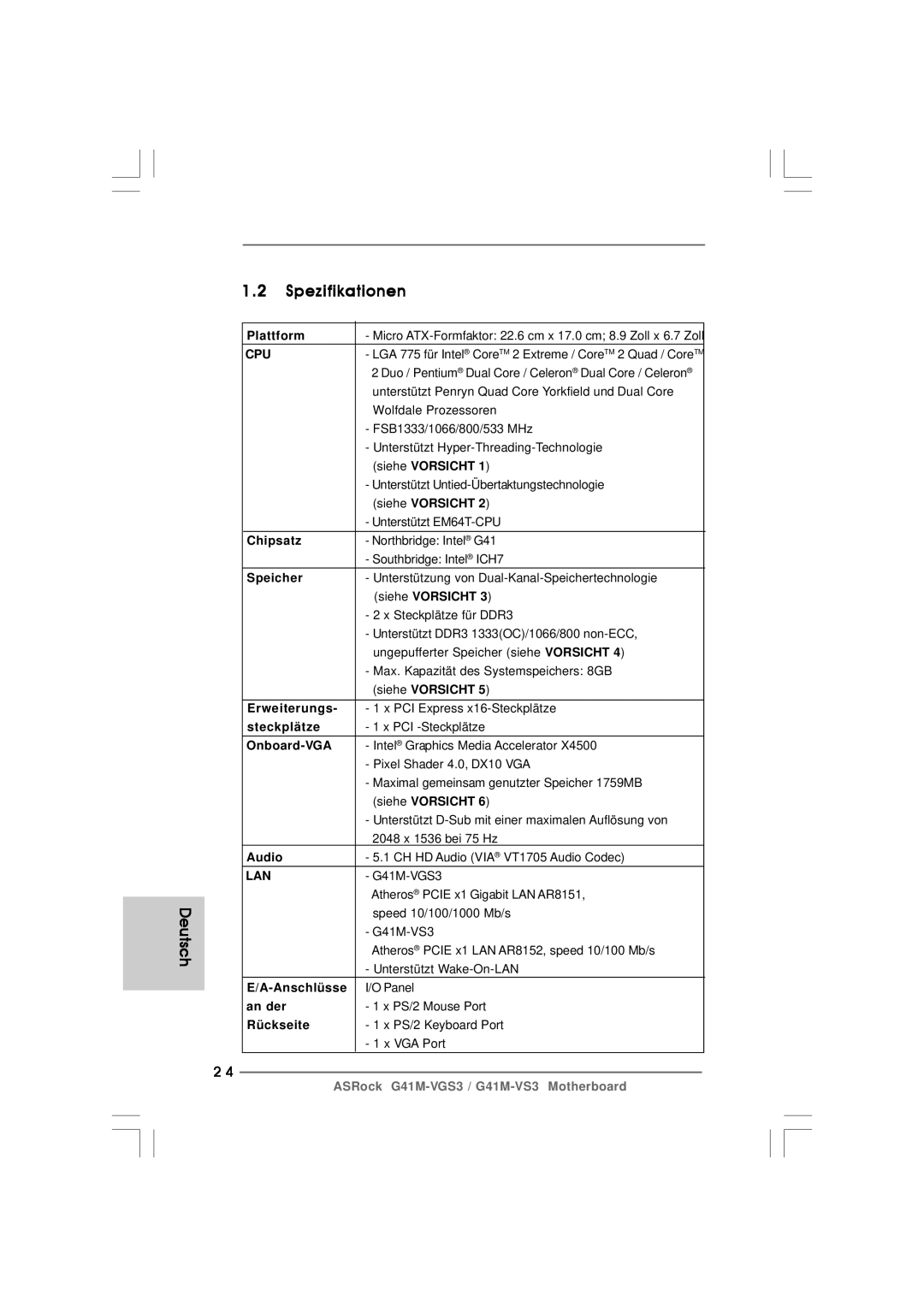 ASRock G41M-VS3 R2.0 manual Spezifikationen Deutsch 