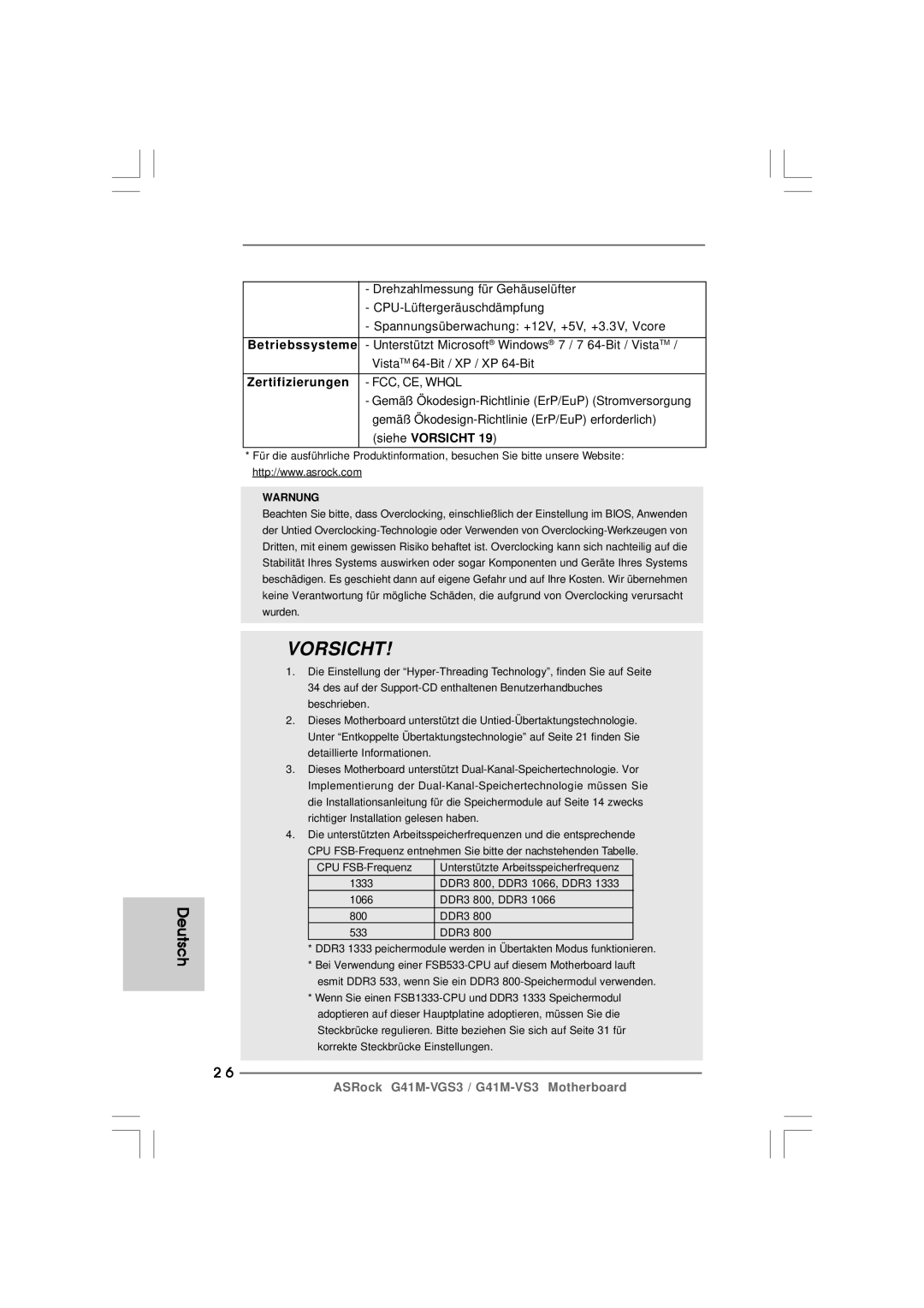 ASRock G41M-VS3 R2.0 manual Zertifizierungen FCC, CE, Whql, Warnung 