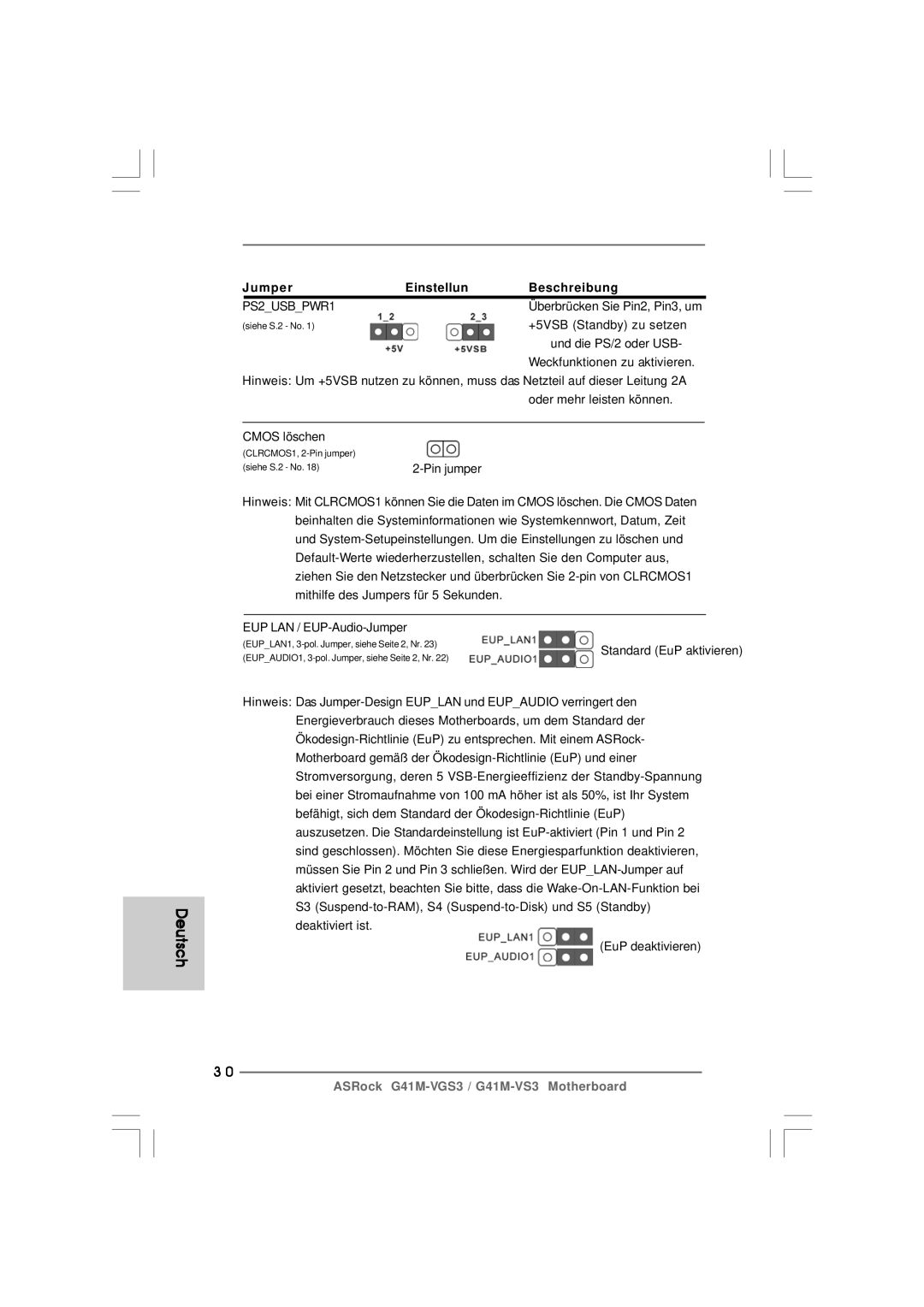 ASRock G41M-VS3 R2.0 manual Jumper Einstellun Beschreibung 