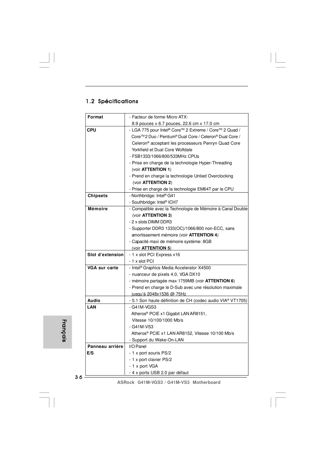 ASRock G41M-VS3 R2.0 manual Français Spécifications 