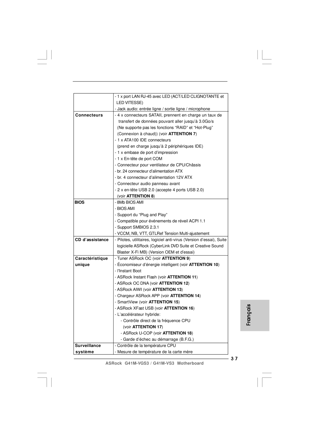 ASRock G41M-VS3 R2.0 manual CD d’assistance, Caractéristique, Unique, Surveillance, Système 