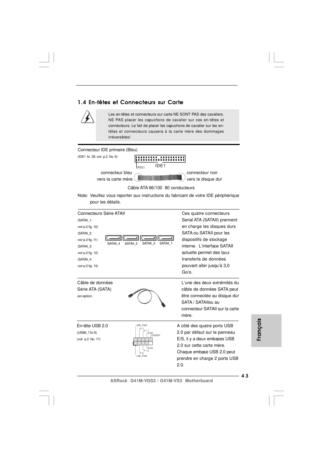 ASRock G41M-VS3 R2.0 manual En-têtes et Connecteurs sur Carte 