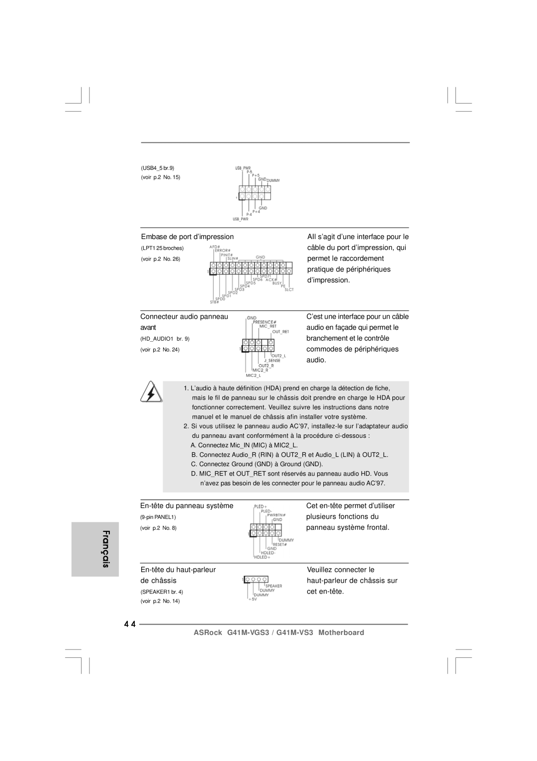 ASRock G41M-VS3 R2.0 manual Câble du port d’impression, qui, Permet le raccordement, Pratique de périphériques, Audio 