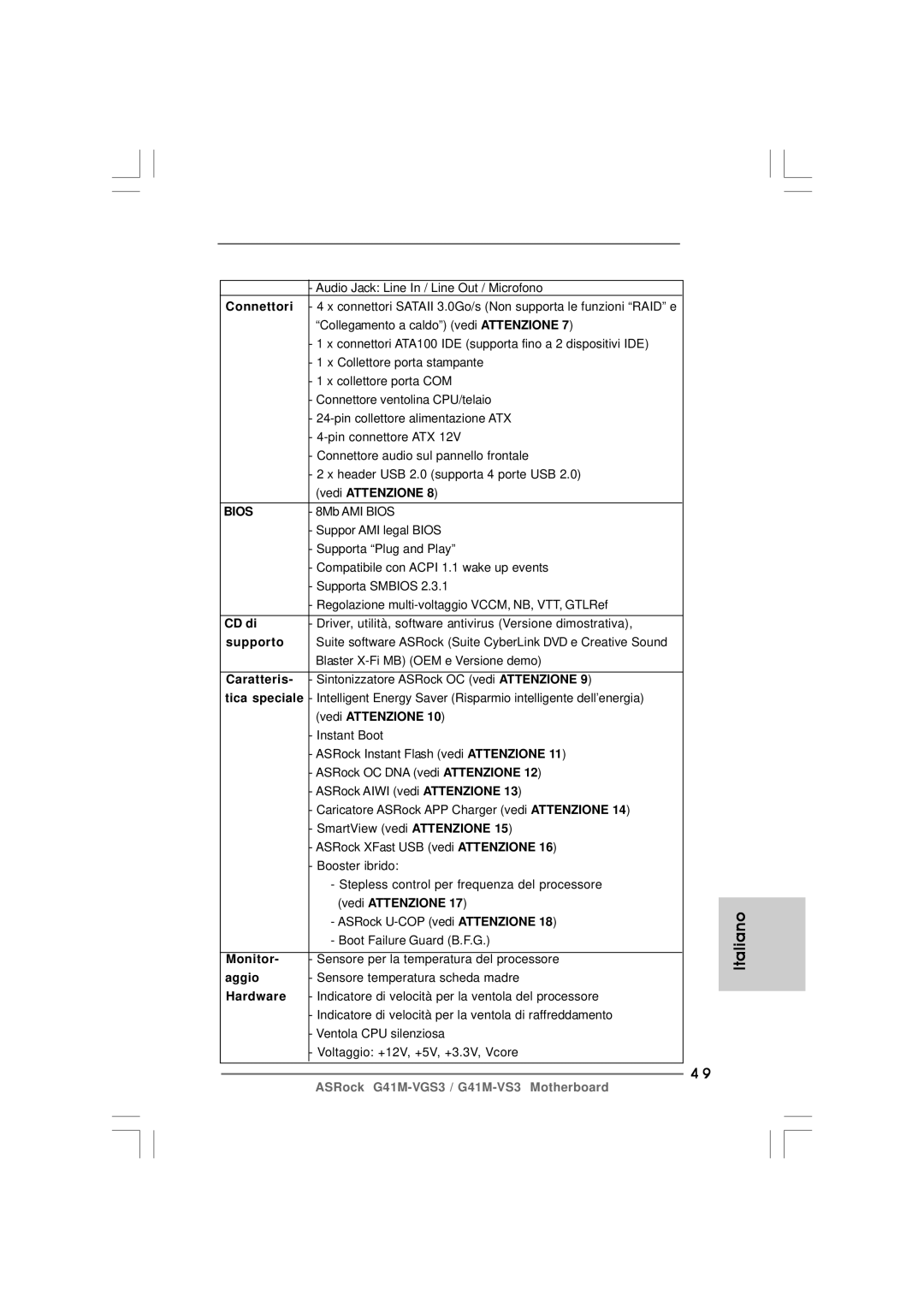 ASRock G41M-VS3 R2.0 manual Connettori, CD di, Supporto, Caratteris, Tica speciale, Aggio 