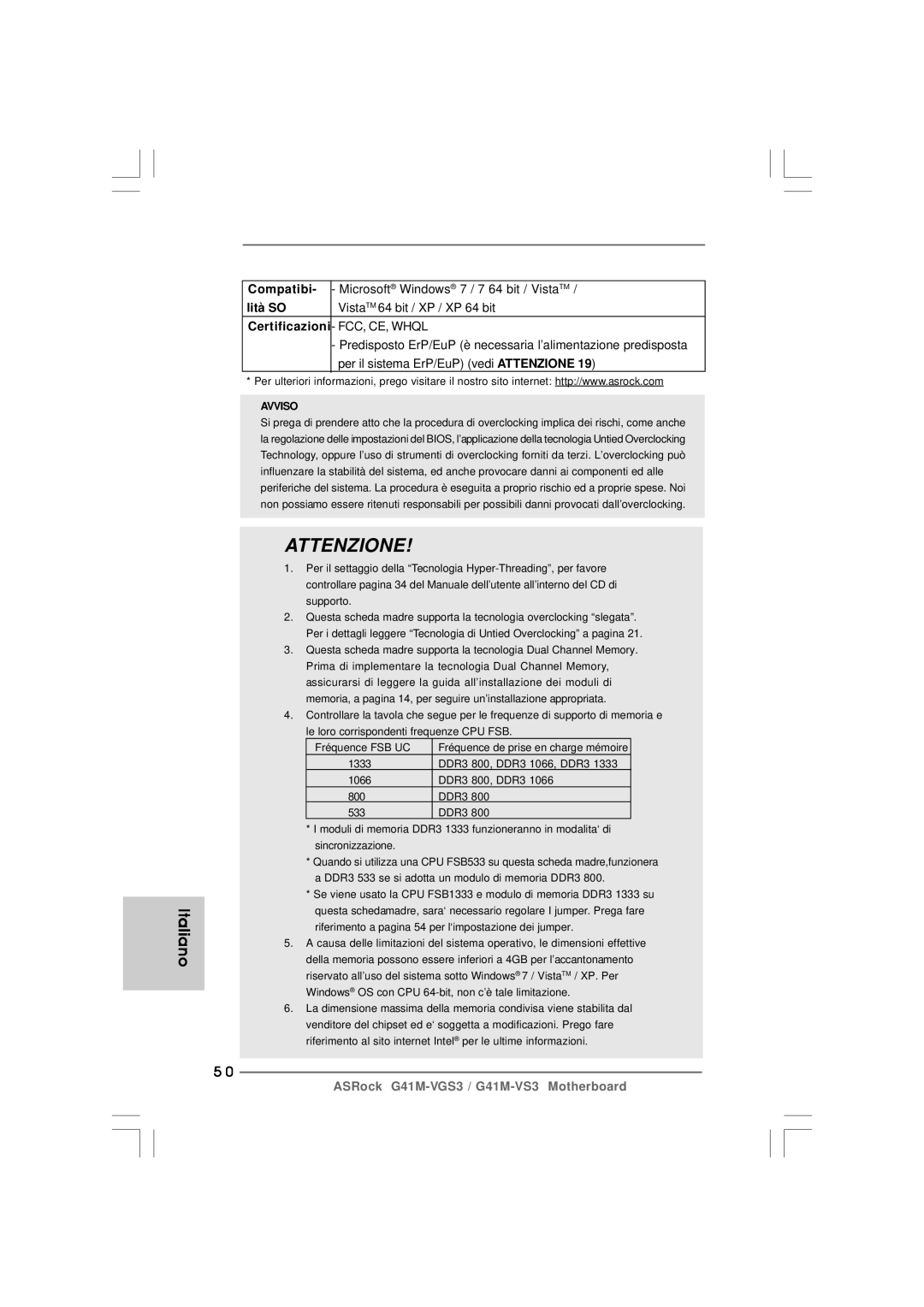 ASRock G41M-VS3 R2.0 manual Attenzione 