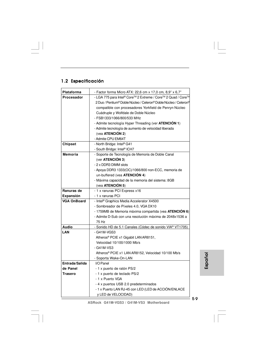 ASRock G41M-VS3 R2.0 manual Especificación 