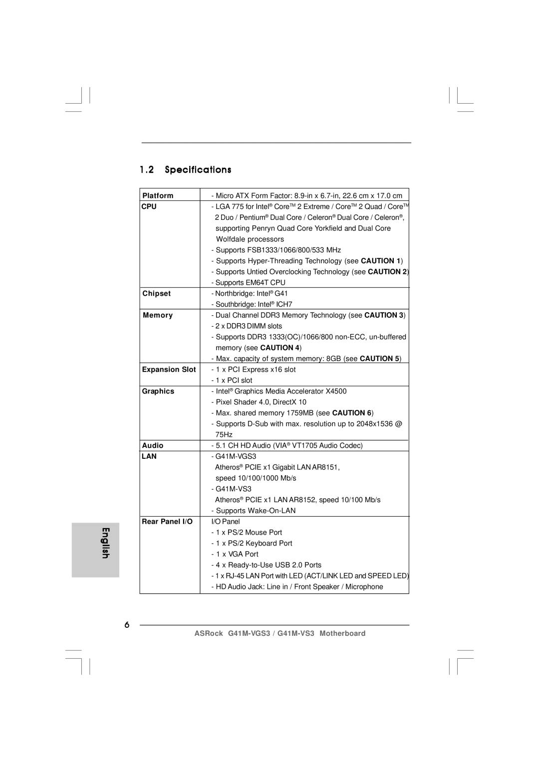 ASRock G41M-VS3 R2.0 manual Specifications 