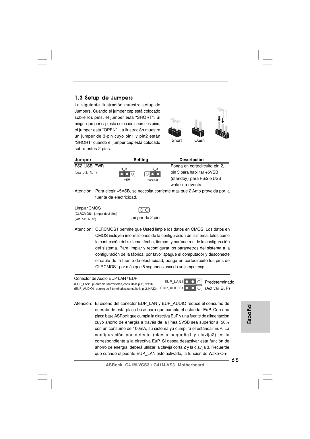 ASRock G41M-VS3 R2.0 manual Setup de Jumpers, Descripción 