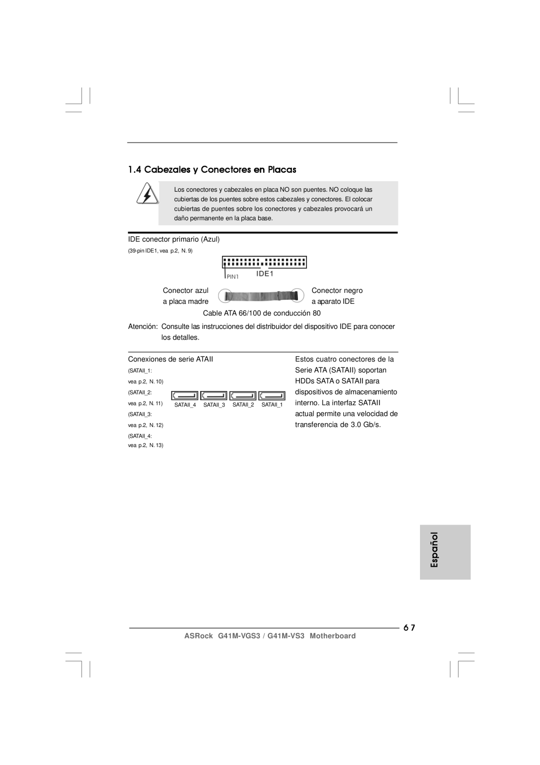 ASRock G41M-VS3 R2.0 manual Cabezales y Conectores en Placas 