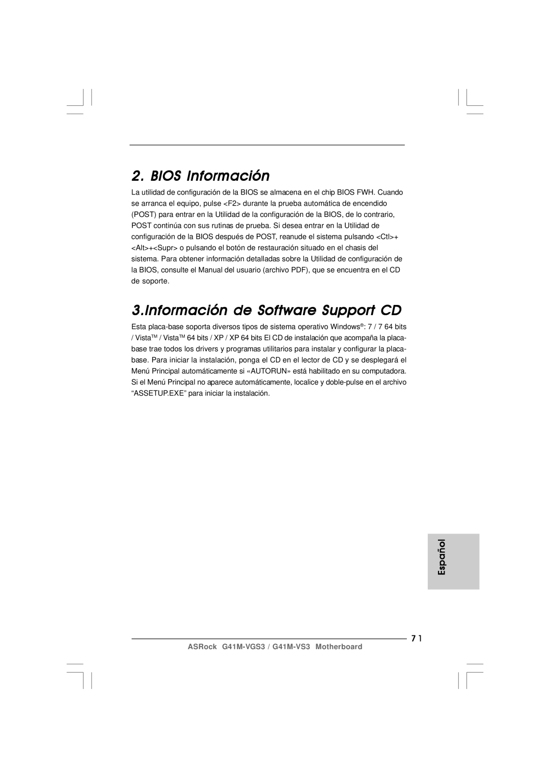 ASRock G41M-VS3 R2.0 manual Bios Información Información de Software Support CD 