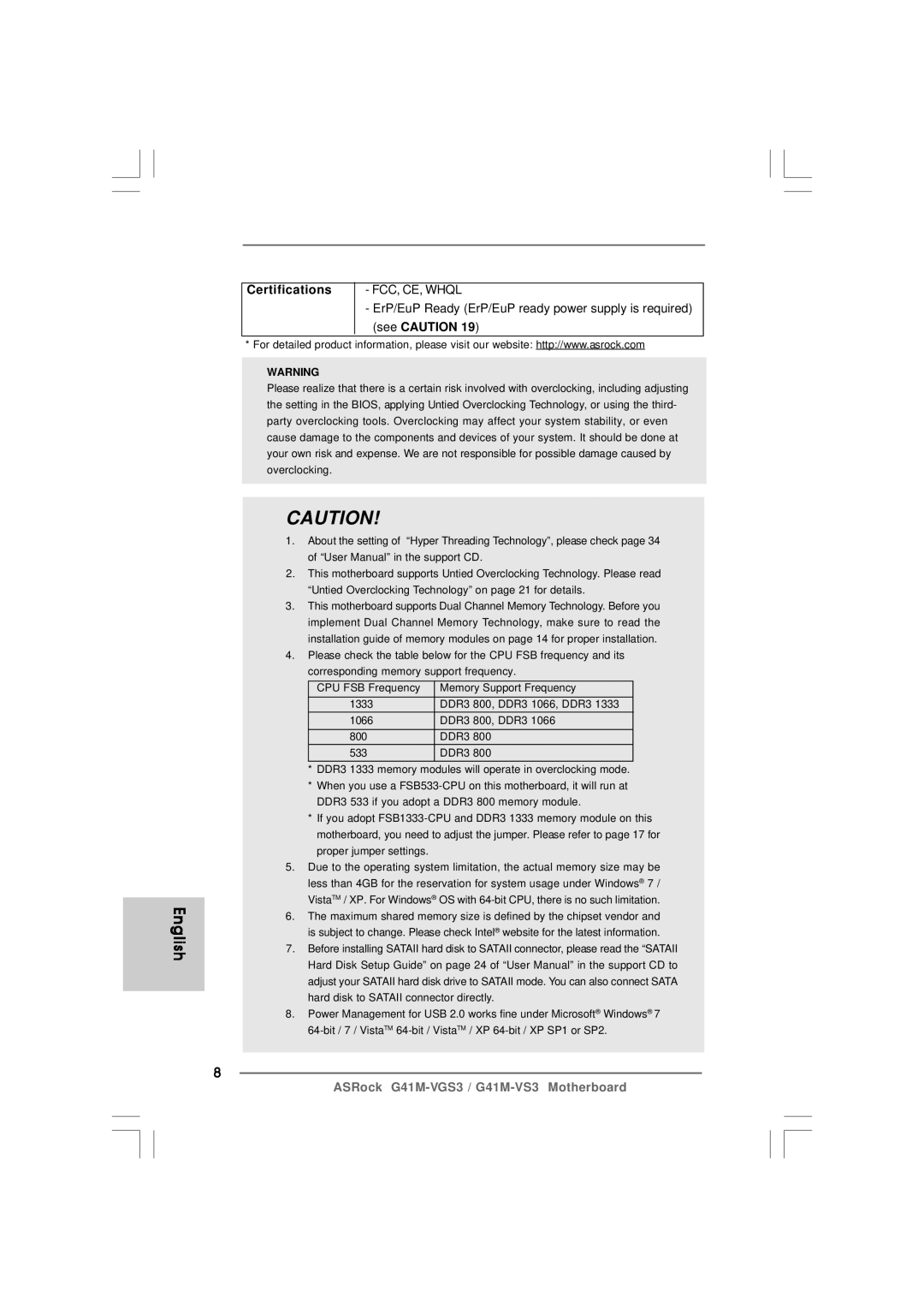 ASRock G41M-VS3 R2.0 manual Certifications, FCC, CE, Whql 