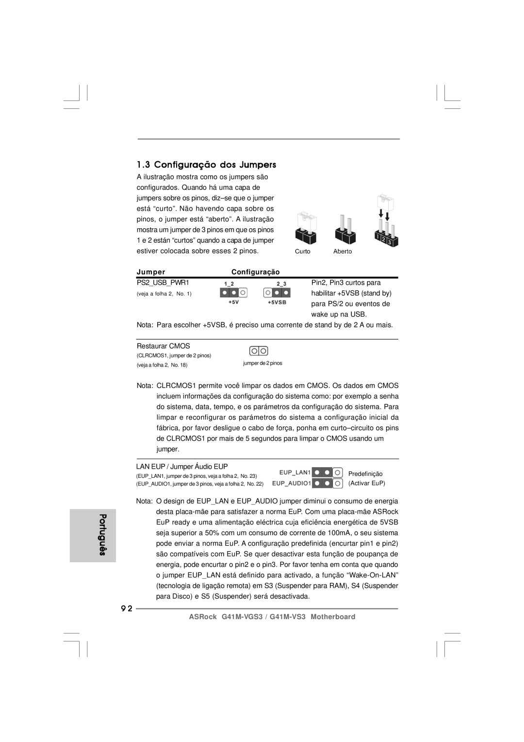 ASRock G41M-VS3 R2.0 manual Português Configuração dos Jumpers, Jumper Configuração 