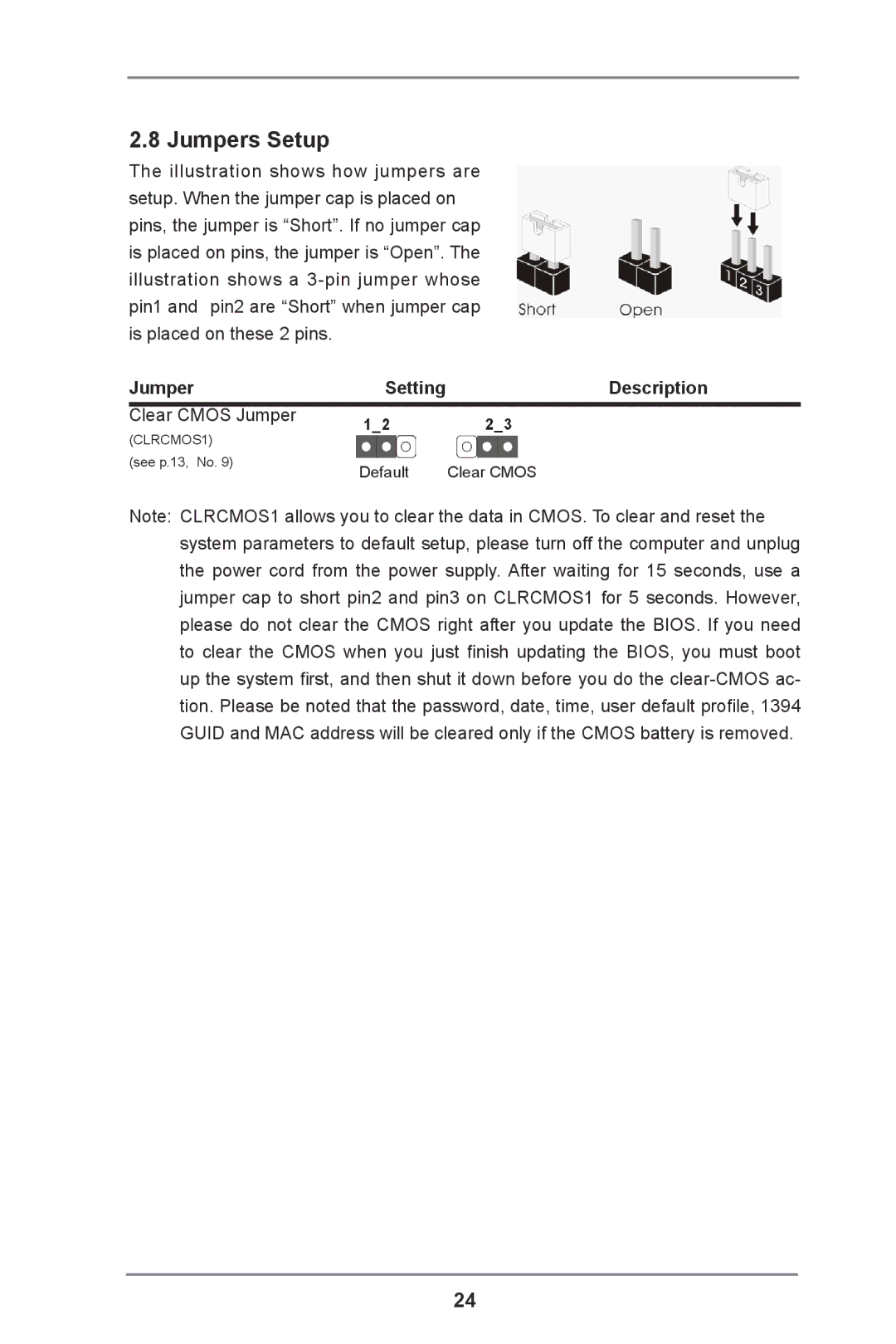 ASRock H61 Pro manual Jumpers Setup, Description 