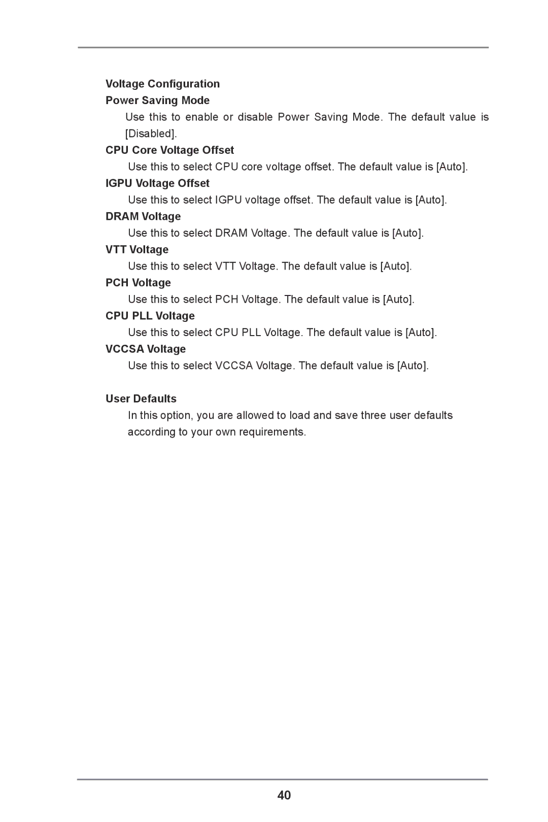 ASRock H61 Pro manual Voltage Configuration Power Saving Mode, CPU Core Voltage Offset, Igpu Voltage Offset, Dram Voltage 