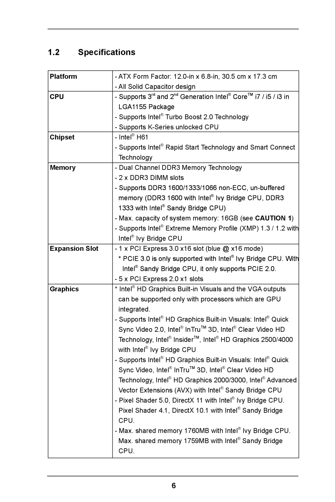 ASRock H61 Pro manual Specifications 