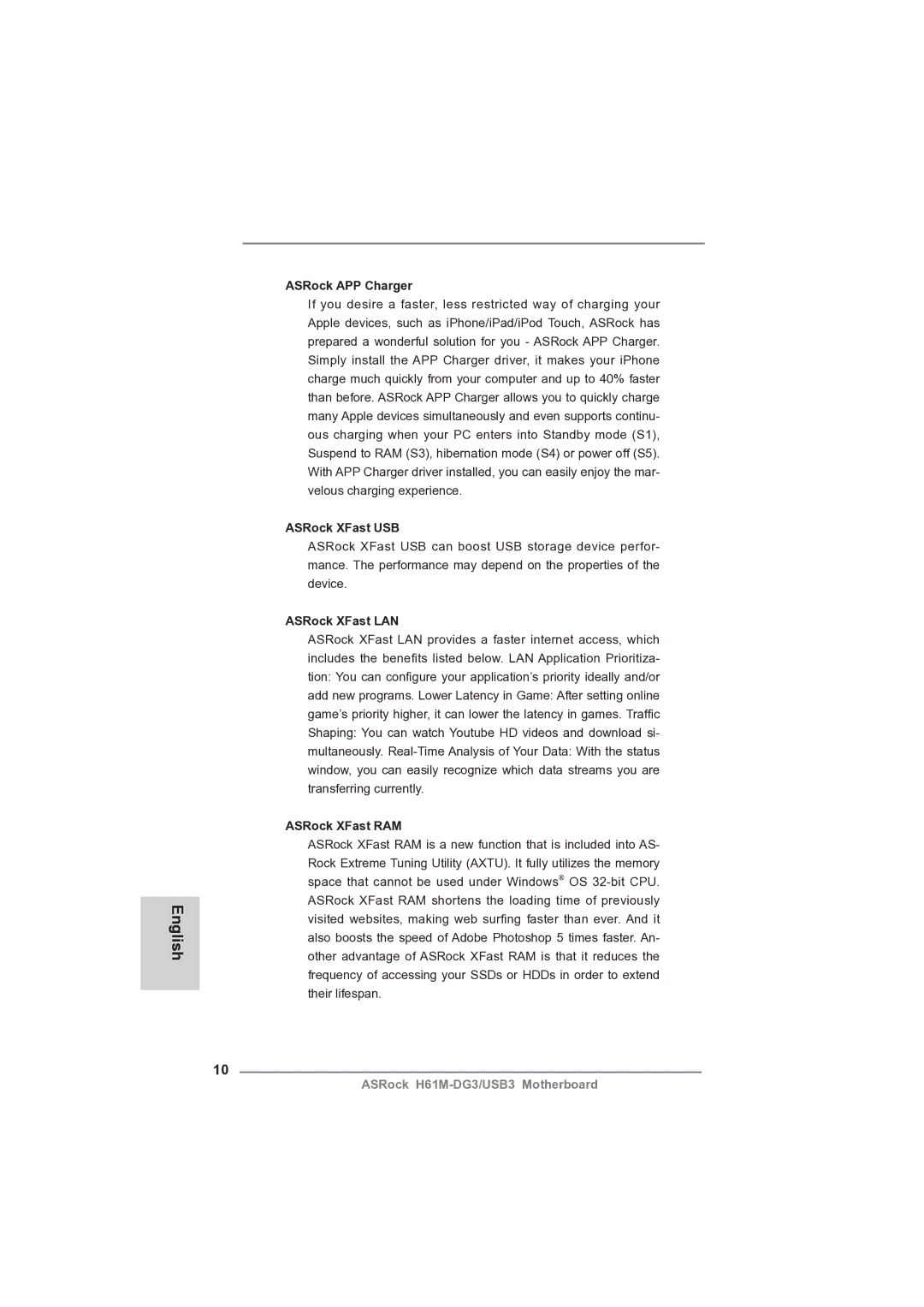ASRock H61M-DG3/USB3 manual ASRock APP Charger, ASRock XFast USB, ASRock XFast LAN, ASRock XFast RAM 