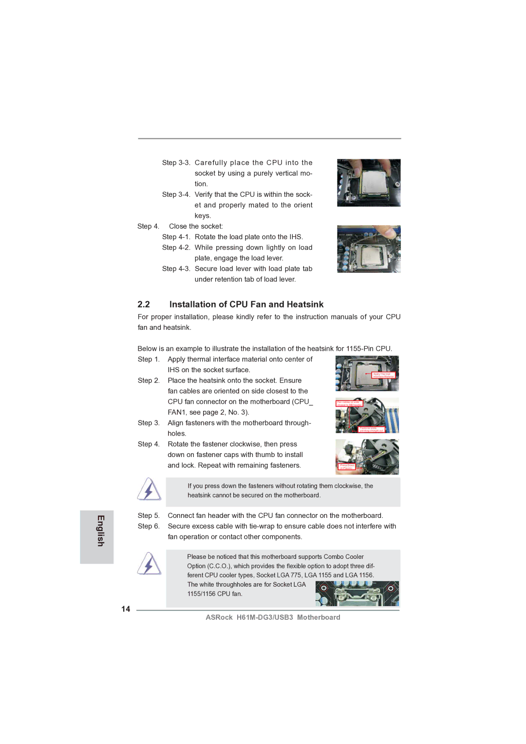 ASRock H61M-DG3/USB3 manual Installation of CPU Fan and Heatsink 