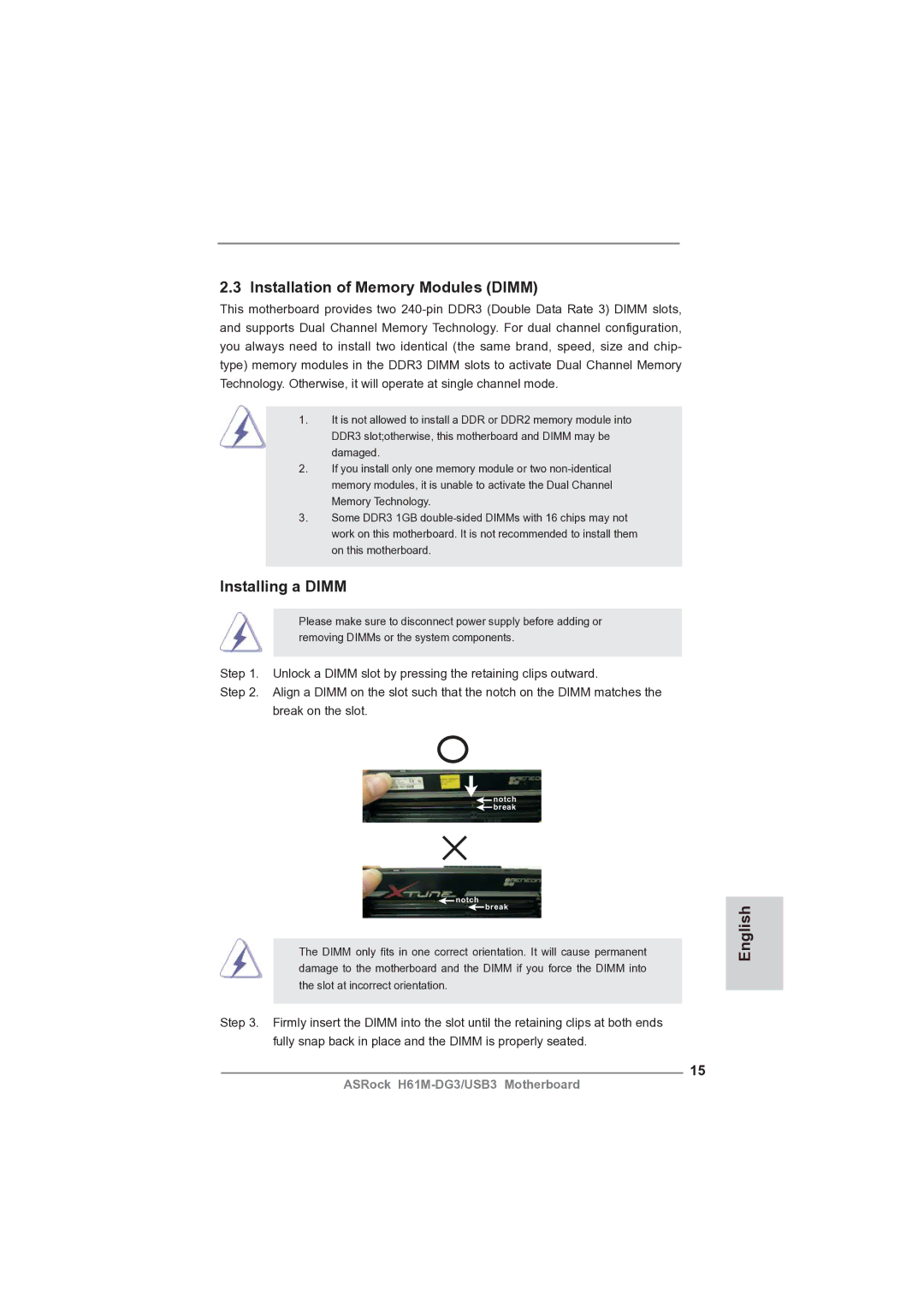 ASRock H61M-DG3/USB3 manual Installation of Memory Modules Dimm, Installing a Dimm 