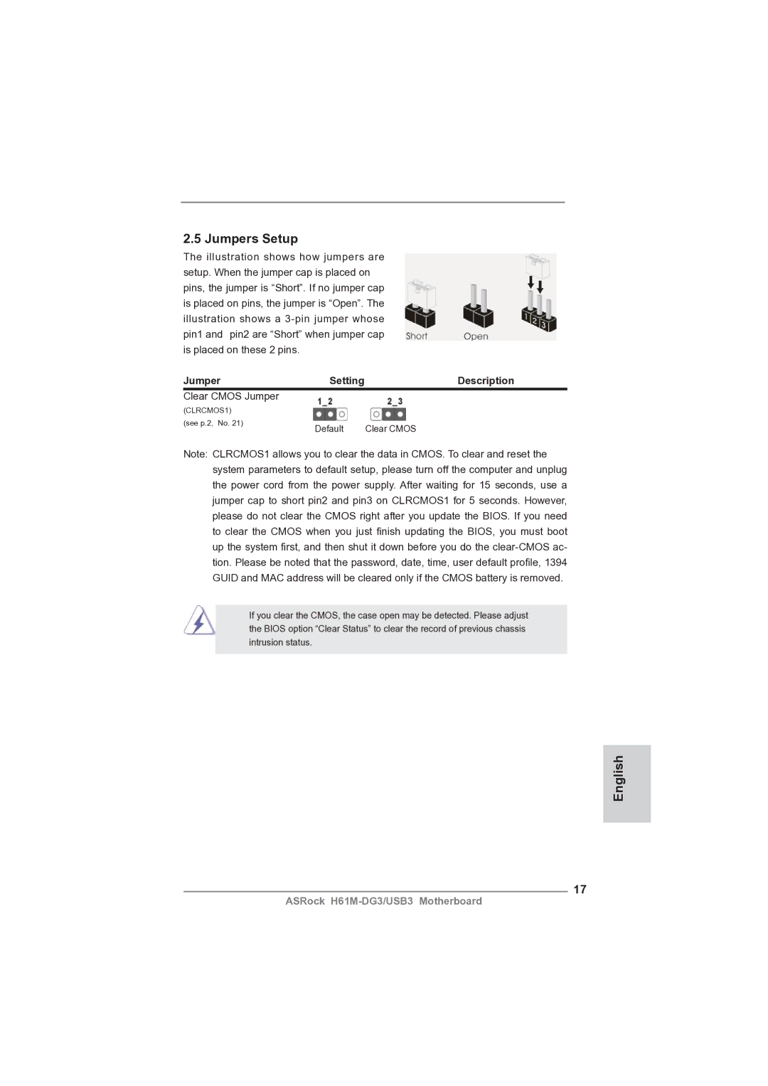 ASRock H61M-DG3/USB3 manual Jumpers Setup, Description, Clear Cmos Jumper 