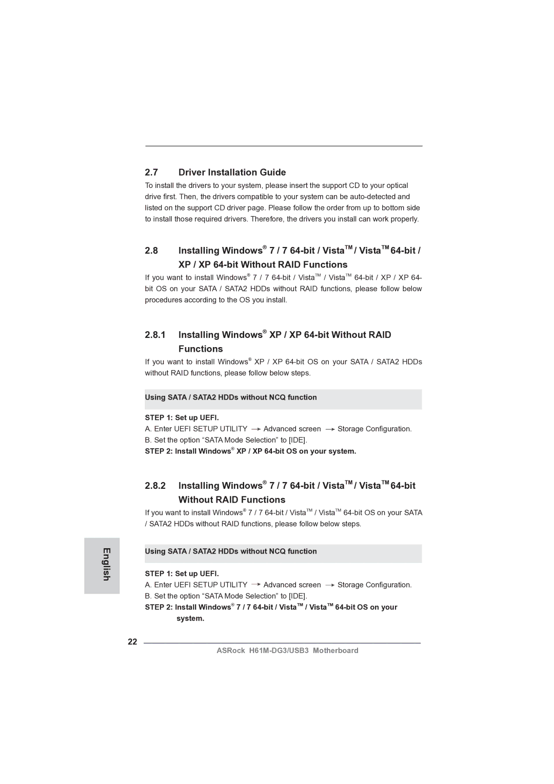 ASRock H61M-DG3/USB3 manual English Driver Installation Guide, Installing Windows XP / XP 64-bit Without RAID Functions 