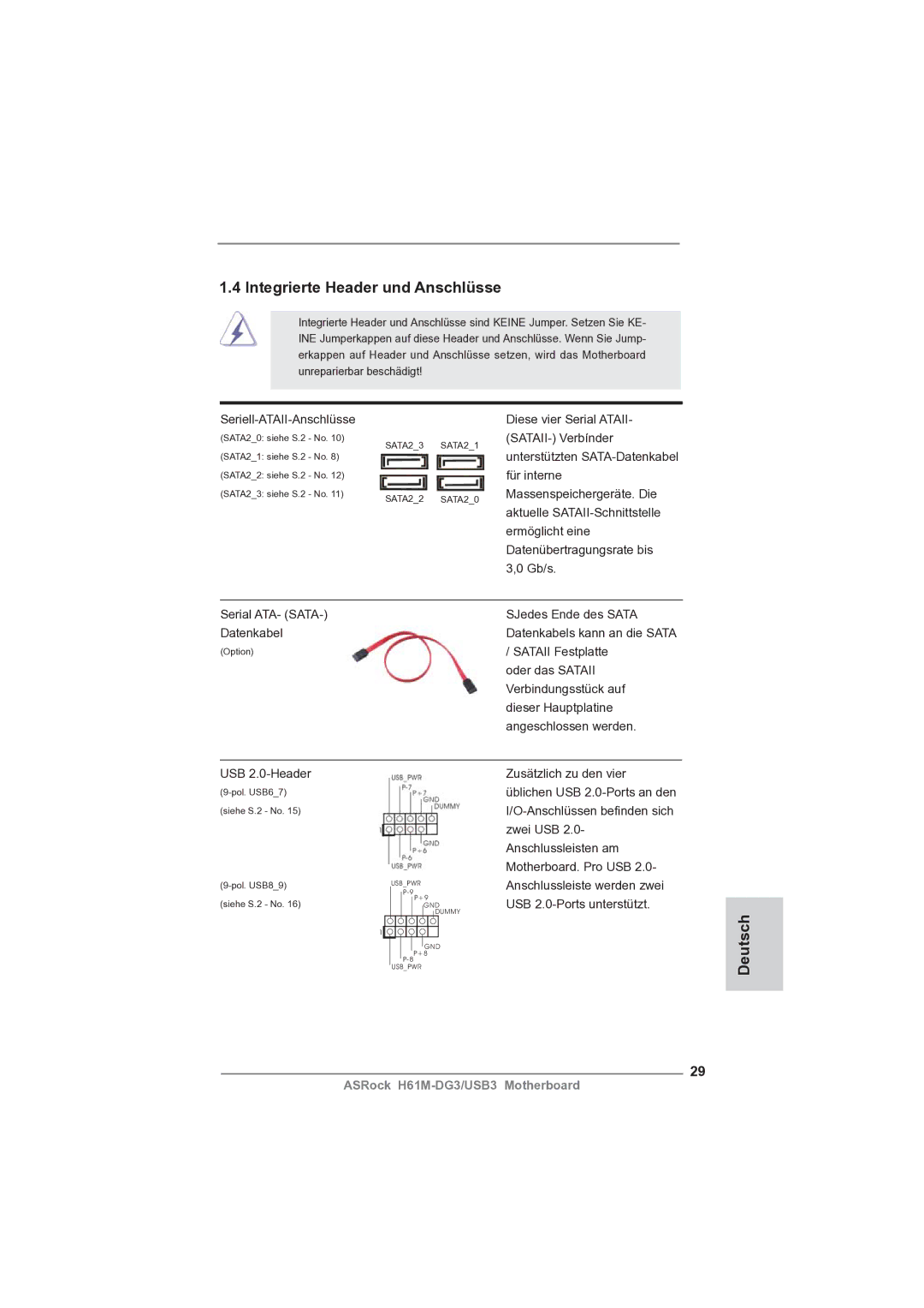 ASRock H61M-DG3/USB3 manual Integrierte Header und Anschlüsse 