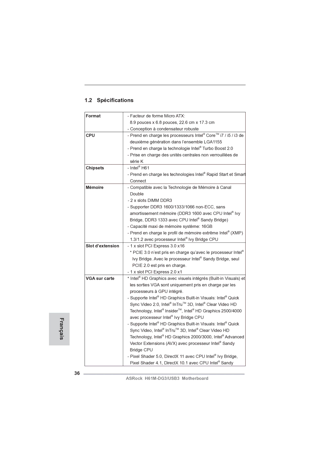 ASRock H61M-DG3/USB3 manual Spéciﬁcations Français 