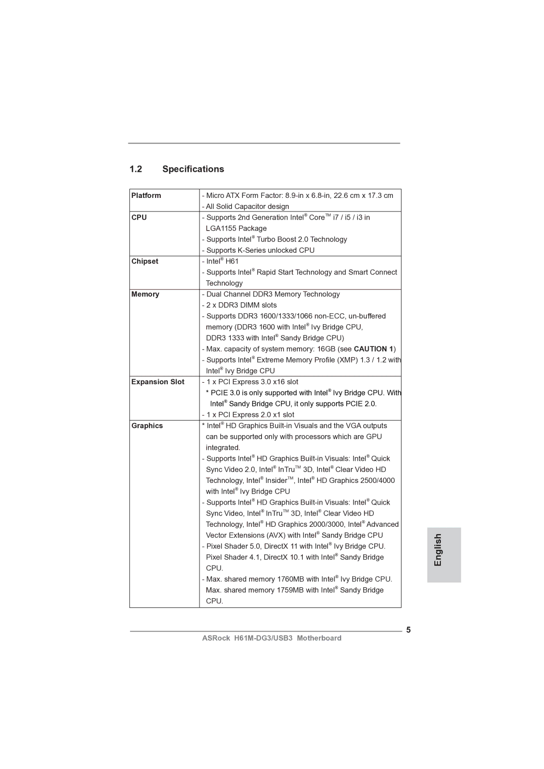 ASRock H61M-DG3/USB3 manual Speciﬁcations 