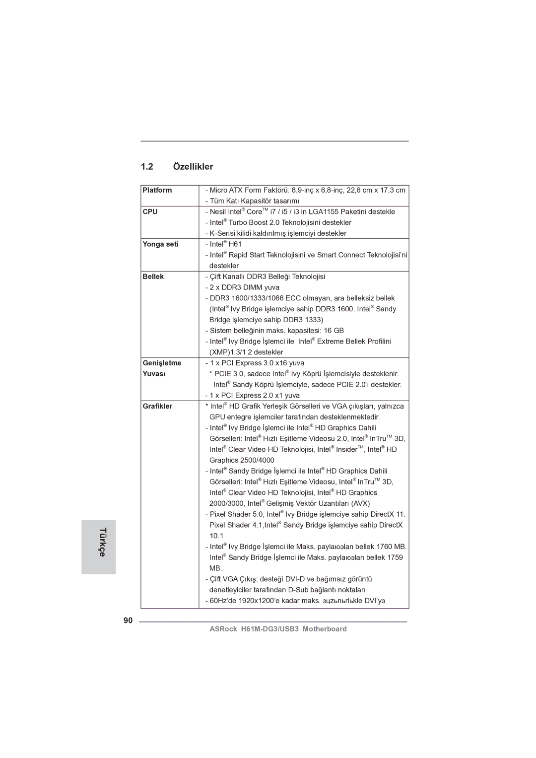 ASRock H61M-DG3/USB3 manual Türkçe Özellikler 