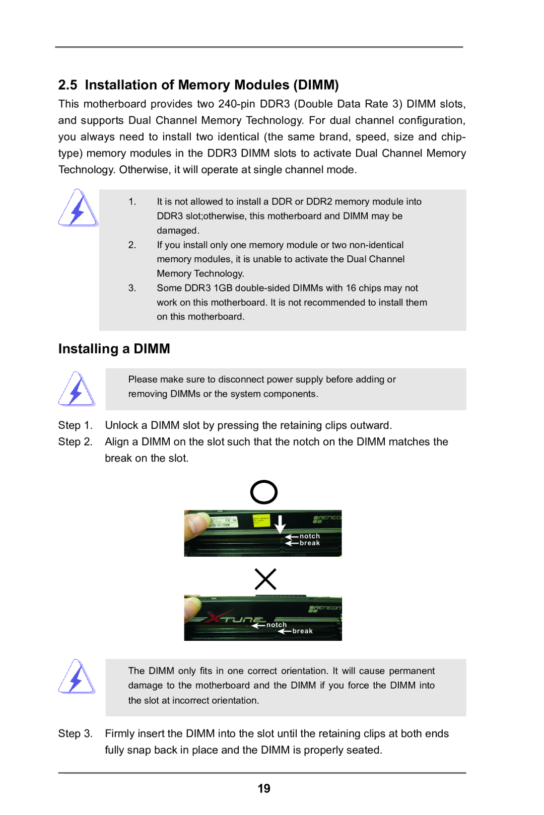 ASRock H61M-DG3/USB3 manual Installation of Memory Modules Dimm, Installing a Dimm 