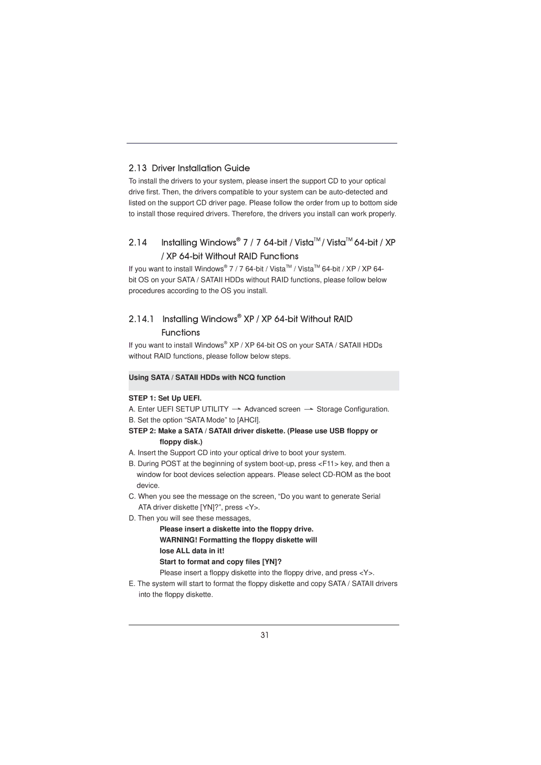 ASRock H61M-DGS manual Driver Installation Guide, Installing Windows XP / XP 64-bit Without RAID Functions 