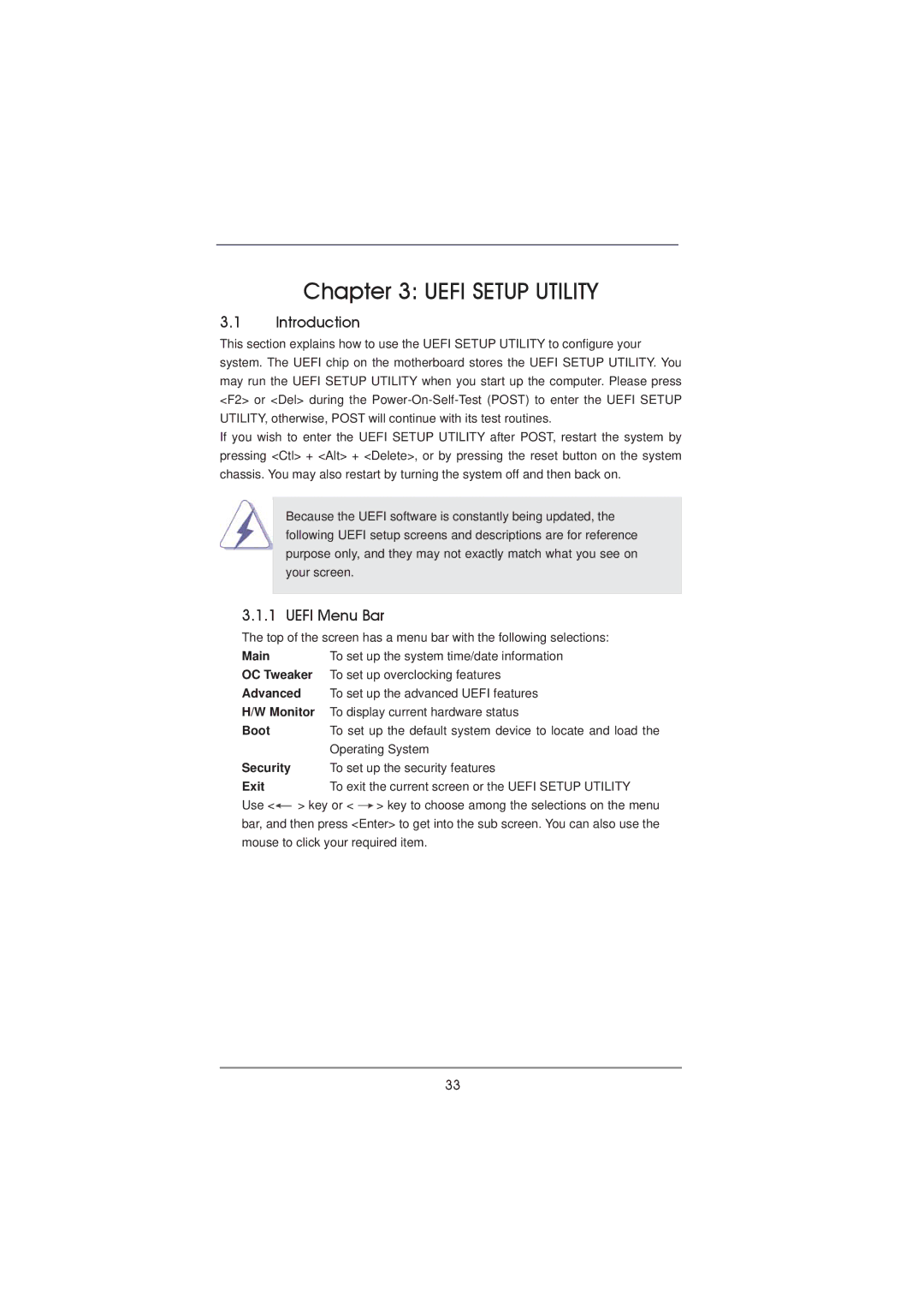 ASRock H61M-DGS manual Introduction, Uefi Menu Bar 