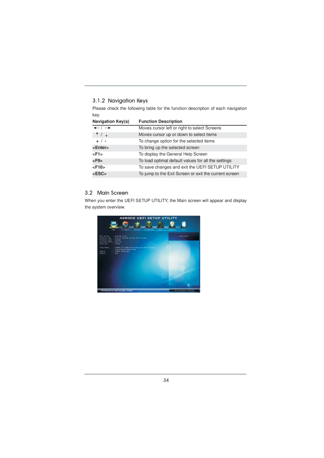 ASRock H61M-DGS manual Navigation Keys, Main Screen, To jump to the Exit Screen or exit the current screen 