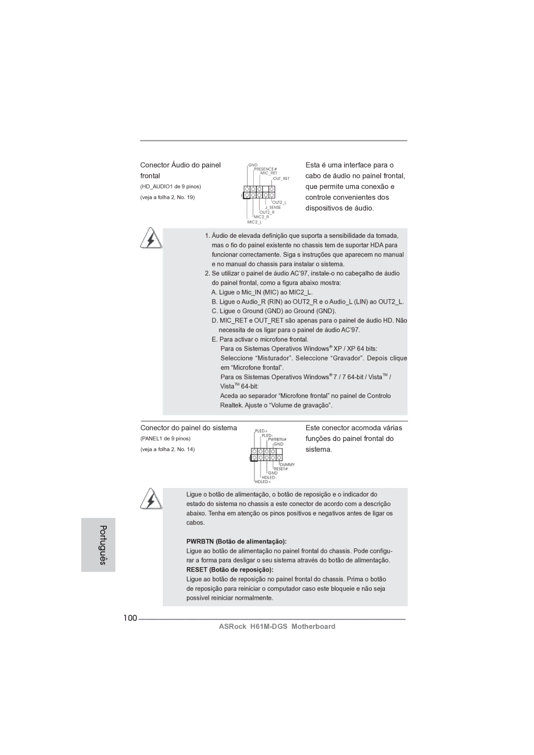 ASRock H61M-DGS manual 100, Conector Áudio do painel, Frontal, Conector do painel do sistema, Funções do painel frontal do 